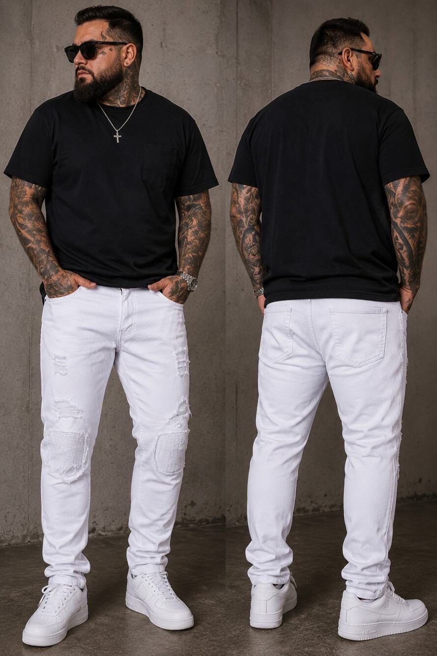 Men’s White Ripped Moto Biker Jeans Distressed Ribbed Panel Streetwear